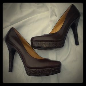 Chocolate brown platform pumps